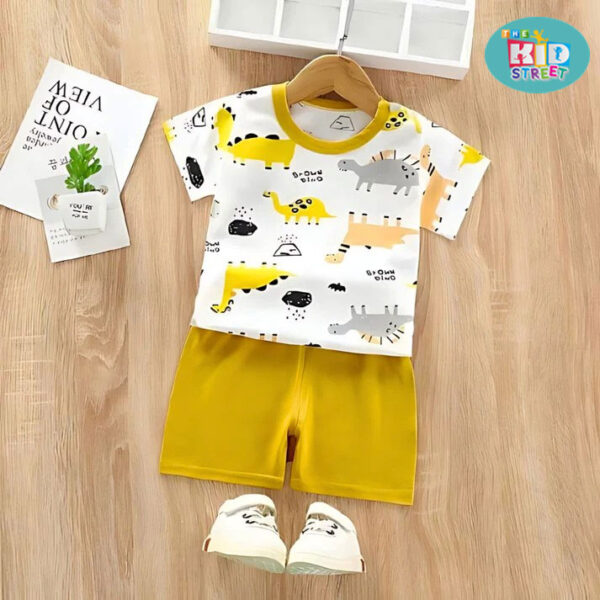 Dinosaur Printed Mustard Shorts Set