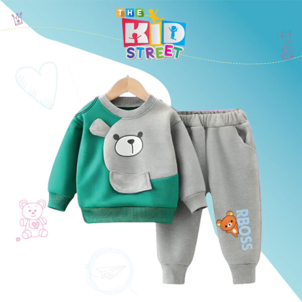 RBOSS Bear Printed Sweatshirt Set – Green and Grey