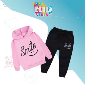 Smile Printed Hoodie with Trouser – Pink