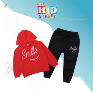 Smile Printed Hoodie with Trouser – Red